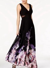 Xscape 130X Dress Women’s 4 Black Pink Maxi Sleeveless Pleated Floral