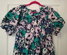 Moodie Mavis Midi Puff Sleeve Dress Floral Keyhole Back L Green White Pockets