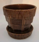 Vintage 1950s McCoy Brown Basketweave Planter with Saucer Flower Pot  Nice