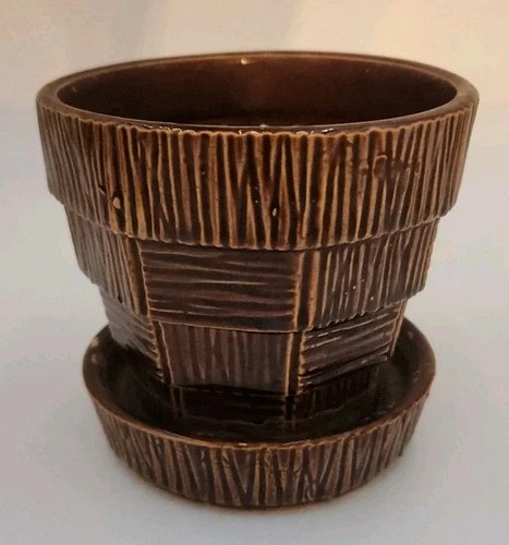 Vintage 1950s McCoy Brown Basketweave Planter with Saucer Flower Pot  Nice