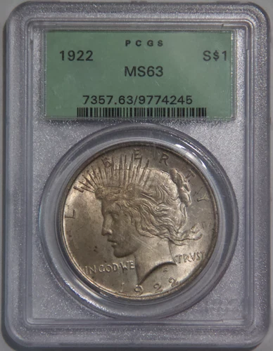 1922 Peace Silver Dollar OGH PCGS MS63 PQ original surfaces and nice luster!