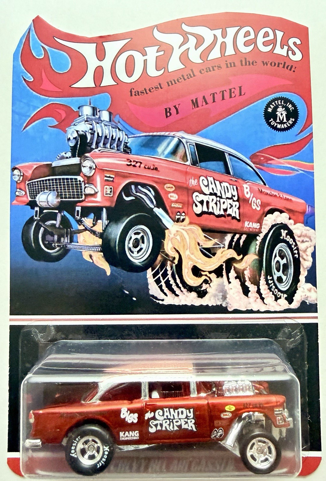 HOT WHEELS CUSTOM MADE PREMIUM CANDY STRIPER 55’ CHEVY BEL AIR GASSER ON RR TIRE