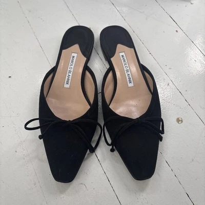 Bailarina Manolo Blahnik Ballerimu Negro Gamuza Arco Punta Cuadrada Mules Planos IT 37 - Imagen 1 de 4