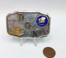 Vintage US NAVY SEABEES DON  Bulldozer Belt Buckle Silver Plate By Hook Fast USA