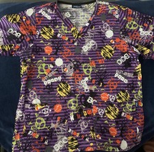 Tafford Scrub Top Halloween Sz Medium Purple Skulls Ghosts Orange Trick Treat