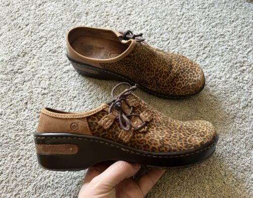 Born Millie Womens Size 9 Brown Leopard Leather Slip On Comfort Clog Shoes