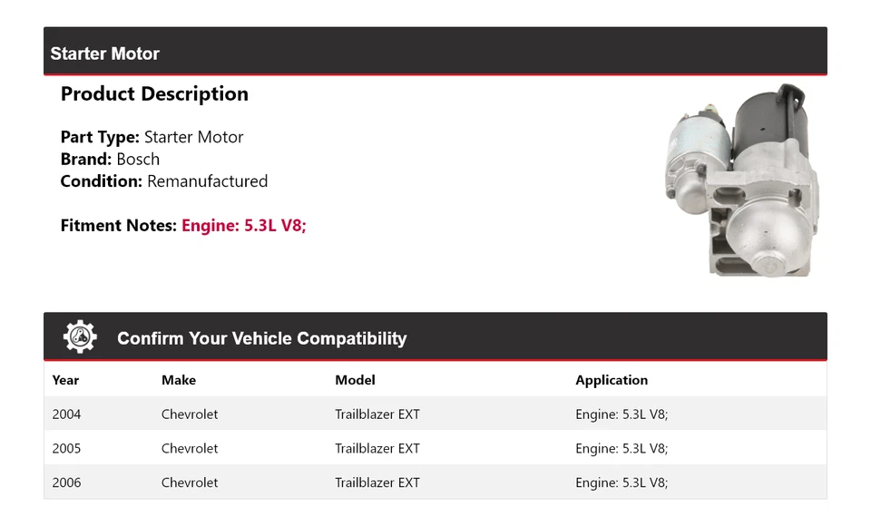 Arranque Bosch V8 5,3 L EXT 2004-2006 Chevrolet Trailblazer EXT (remanufacturado) Foto 2 de 4