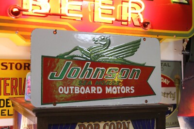 RARE JOHNSON SEA HORSE  BOAT MOTOR  DEALER PORCELAIN METAL SIGN MARINE FISH AMMO