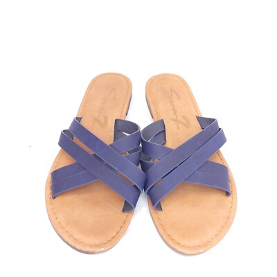 Seven 7 Blue Tia Flat Slide Sandals Slip On Strappy Shoes Womens Size 8