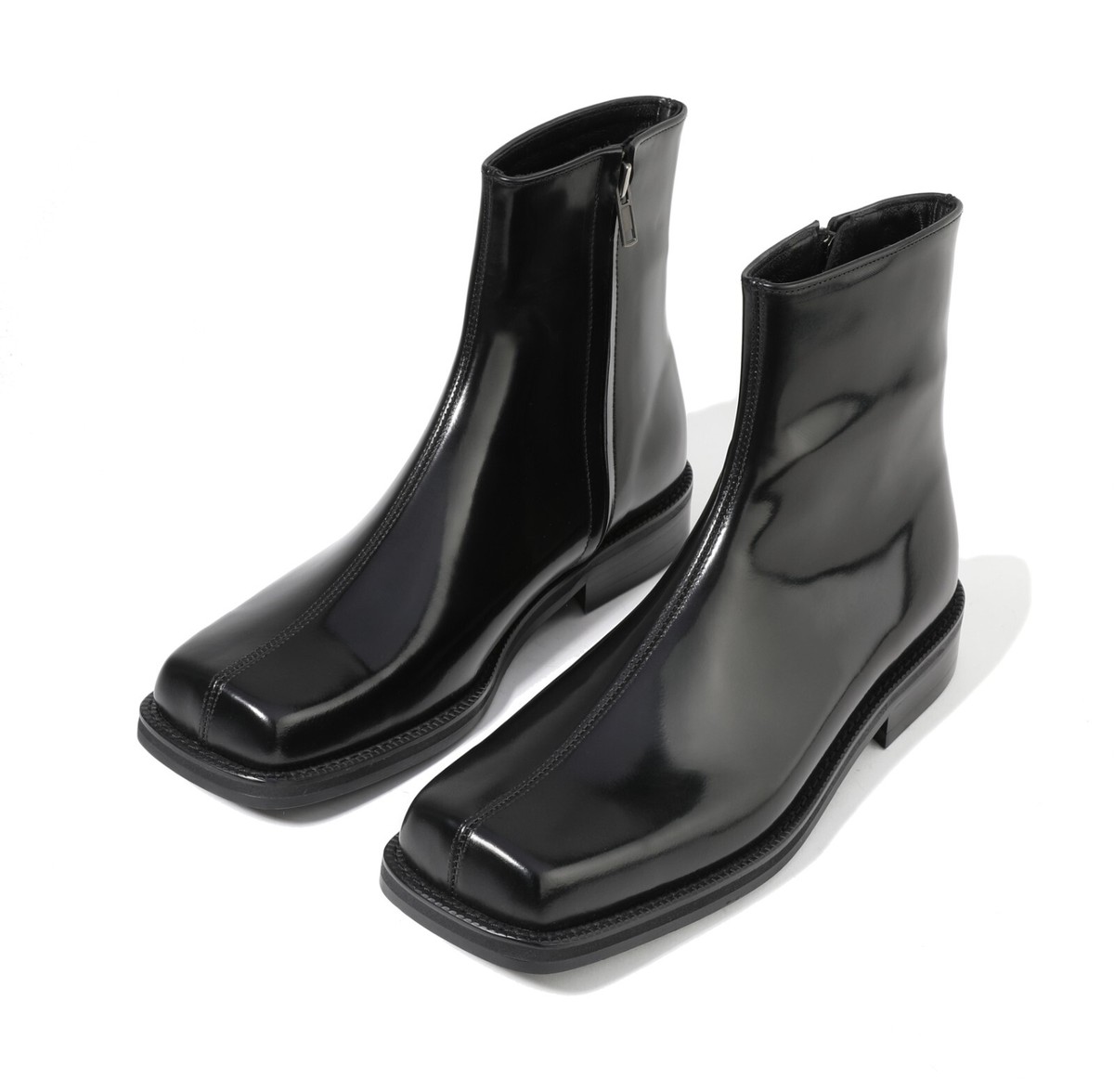 Firenze Atelier Men Handmade Black Leather Square Toe Side Zip