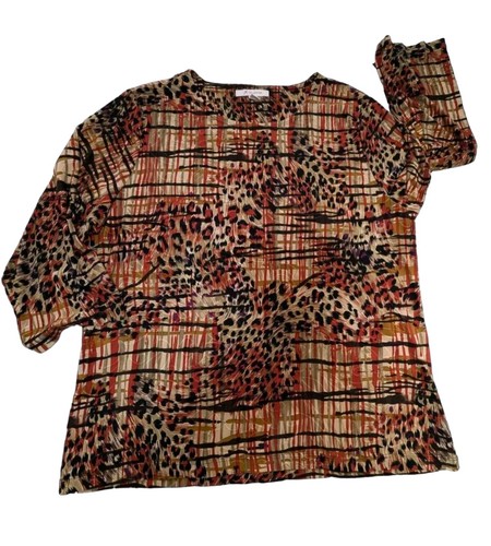 Women's JM Collection Blouse Tan Red Plaid Leopard 3/4 Sleeve Shirt Size XL NEW