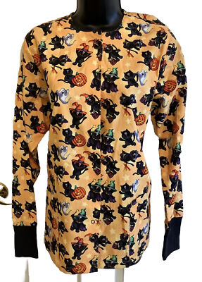 Scrubs Jacket Top Halloween Pale Orange Pumpkin Black Cat UA XS Extra Small  New