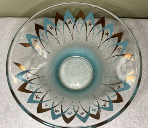 Anchor Hocking Chip Bowl Atomic Aqua or Turquoise & Gold MCM - Picture 1 of 9