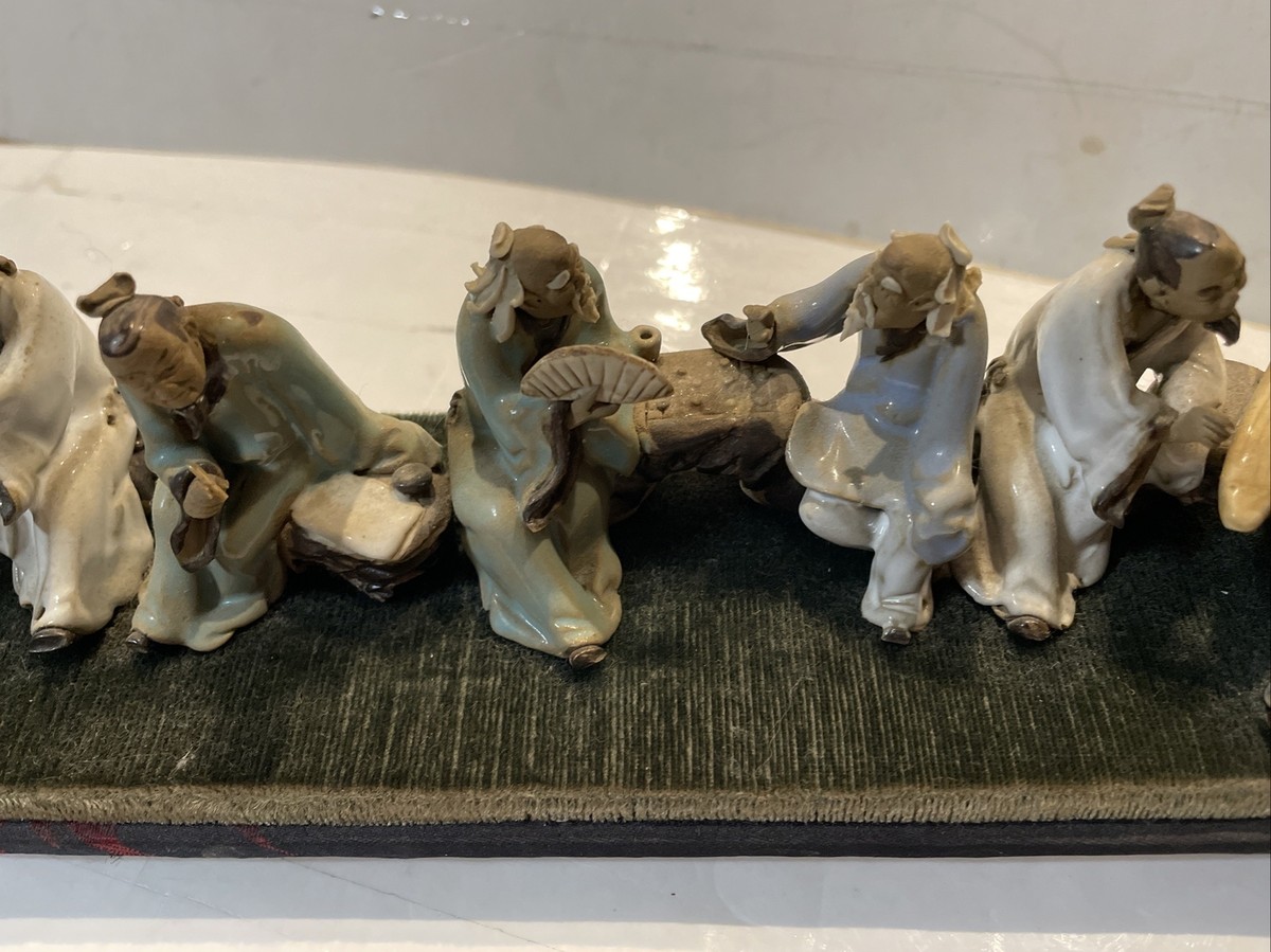 Set of 7 Antique 1920s Chinese Hand-Painted Mud Figures Seated