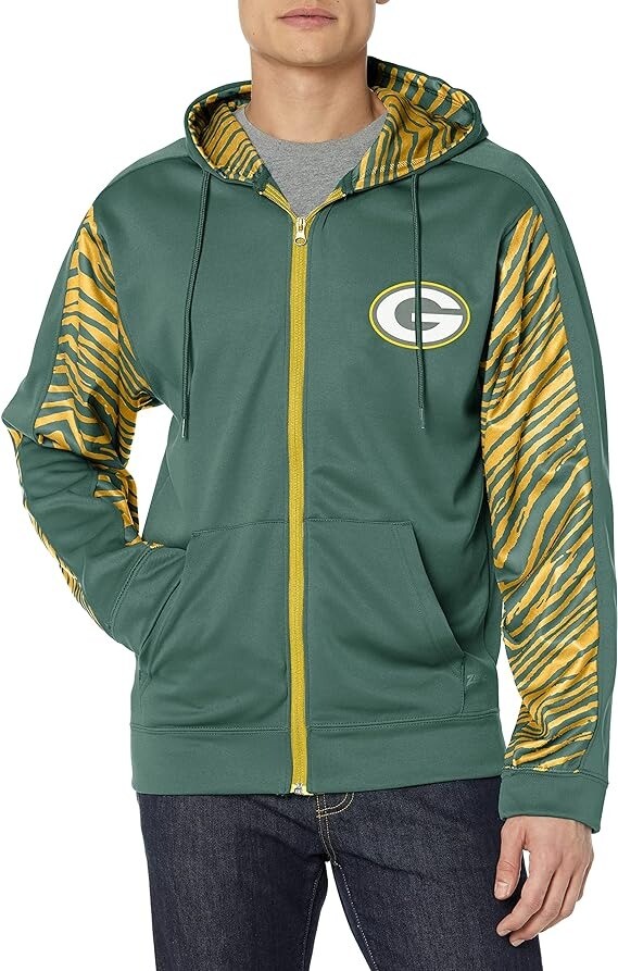 Толстовка Zubaz Mens Green Bay Packers Team цвета Зебры с капюшоном на молнии