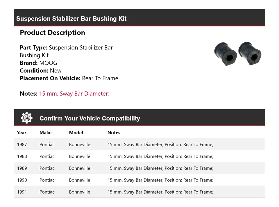Kit de buje de barra estabilizadora de suspensión para Pontiac Bonneville 1987-1991 MOOG 1987 Foto 2 de 3