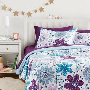 New Purple Floral Queen Size Comforter Set Bedding Bedspread Bed in a Bag Sheets
