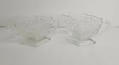 Vintage Cut Glass Creamer and Sugar Bowl, Pineapple Design, Clear, Lot of Two