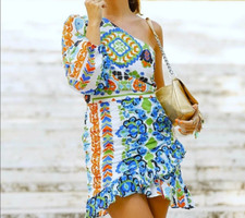Mango Anton Asymmetrical Mini Dress XL Mediterranean Print Ruching Cotton Lined