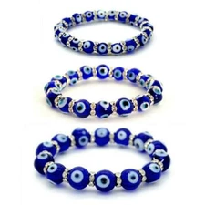 EVIL EYE BRACELET 8mm 10mm 12mm Glass Bead Blue Stretch Luck Protection Lampwork