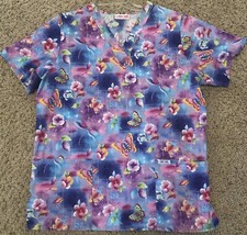 Cherokee Flowers Butterflies Scrub Top V-Neck Pockets Size M