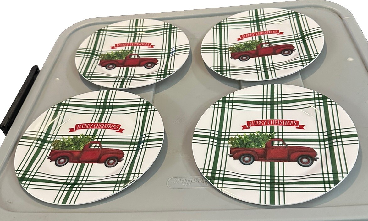 Red Pick Up Truck Melamine Salad Plates Set of 4 NEW Christmas 8 inch