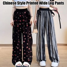 High Waist Loose Chinese Style Printed Straight Wide Leg Pants Trousers Summer