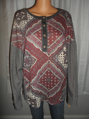Pretty Three Bird Nest size S black gray multi print long sleeve shirt NWT