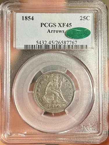 1854 PCGS CAC XF45 Arrows Liberty Seated Quarter. 90% Silver Coin!