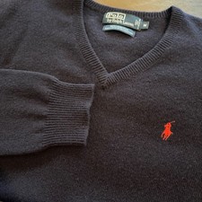 Vintage Polo Ralph Lauren V-Neck Sweater M Navy Blue 100 Lambswool Pony Preppy