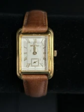 Vintage MERIT 20MM Tank Watch Subdial Quartz Analog Brown Leather Strap Japan