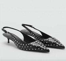 NEW MANGO MNG BLACK STUDDED KITTEN HEELS SLINGBACK PUMPS SHOES SZ 6.5 37