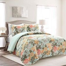 Sydney Reversible Cotton Quilt Set, 3 Piece Set, King, Blue  Green - Cotton ...