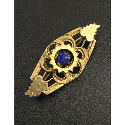 Vintage Art Deco Bar Brooch Gold Tone Blue Openwork C Clasp