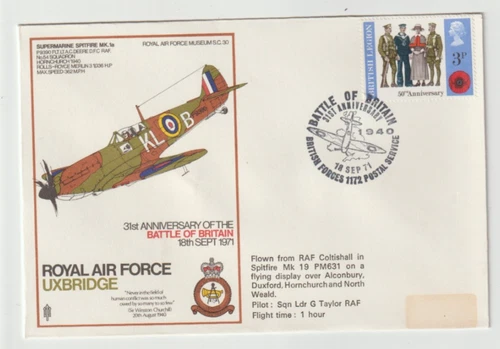 18/9/1971 UK GB Flown Cover - RAF Museum SC30 - Supermarine Spitfire MK.1a