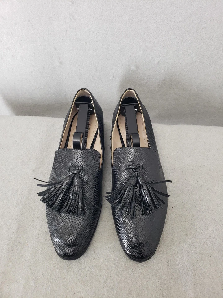 Zara Women Loafers 39 Black Faux Leather Snake Print Tassel Slip On Flat Shoes 8 - Image 3 of 4