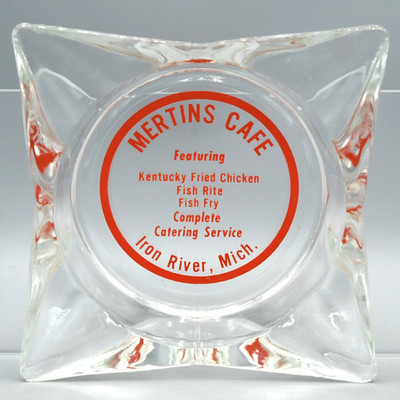 Mertins Cafe Ashtray Vintage Glass  Advertising Iron River Michigan