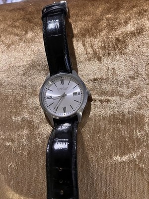 Caravelle New York Dress Quartz Wristwatch Silver Dial Date Black Leather