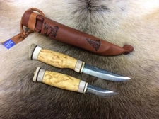 Wood Jewel Set Big Fixed Knife 5.75" Carbon Steel Blade Curly Birch Handle 23KI