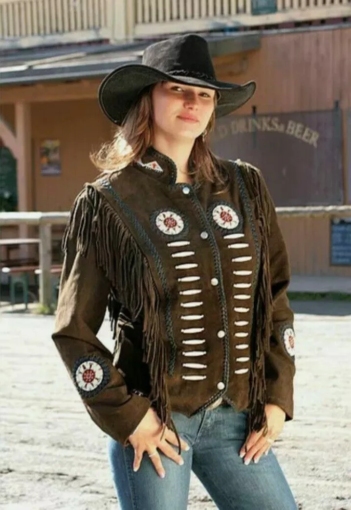 Women Vintage Brown Suede Leather Jacket Ladies Native Fringe Western Wear Coat