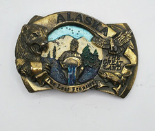VINTAGE ALASKA THE LAST FRONTIER BELT BUCKLE 3D BEAR HEAD EAGLE BRASS COLOR