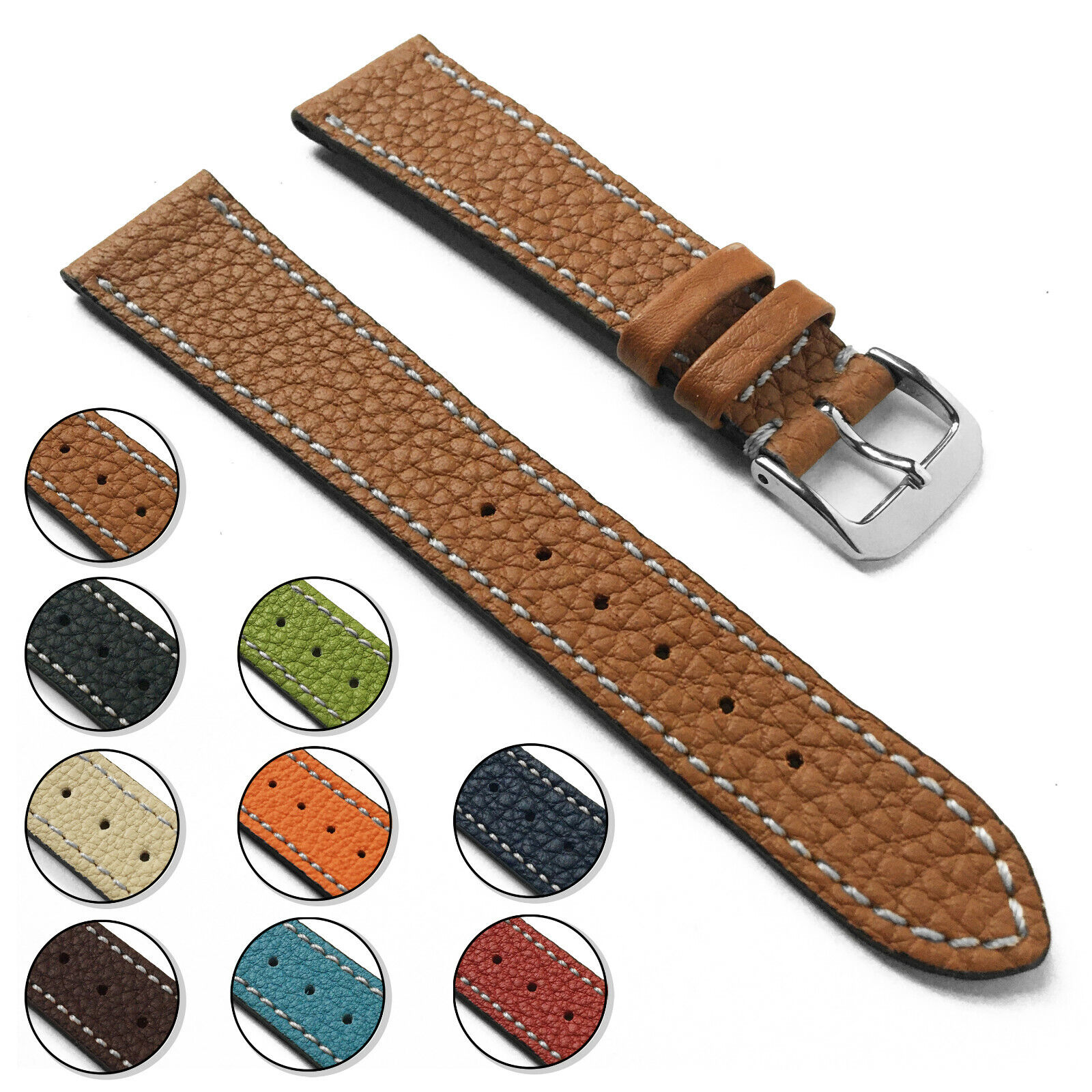 Shrunken French Calf Naturally Textured Leather Watch Band Strap, Sizes:16-20mm