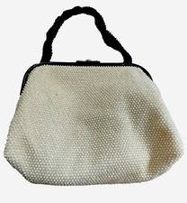 Vintage 1950's Corde Bead Black Ivory Cream Beaded Reversible Handbag