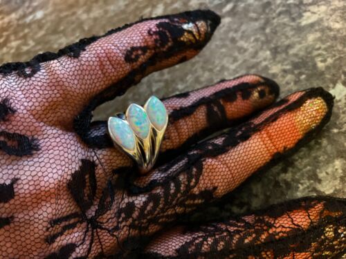 Marquise 3 stone Opal Openwork wrap cocktail Ring Sterling Silver US size 9  - Picture 1 of 16