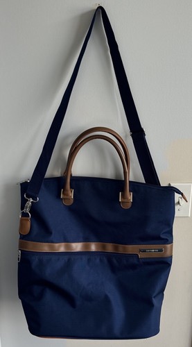 Samsonite Luggage Fold Over Tote Travel Navy Blue Brown Leather Trim Vintage - Picture 18 of 18
