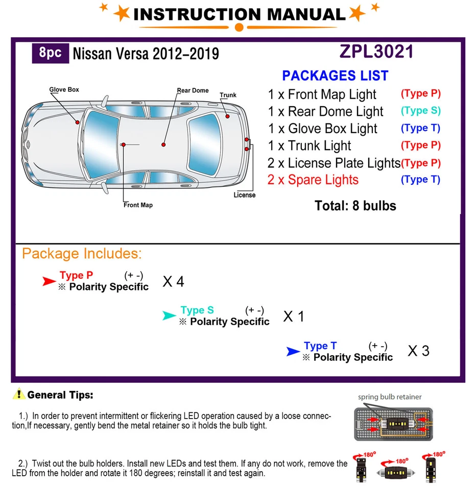 Kit de luz interna de LED + lâmpadas de matrícula para Nissan Versa 2012-2019 - Imagem 2 de 4