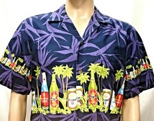 RJC Hawaiian Shirt Mens Large Beer Hula Girl Kamehameha Honolulu USA Made Aloha