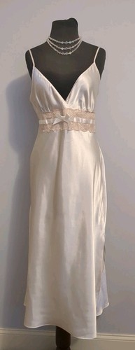 Vintage Maxi Nachthemd Satin Spitze Schlupfkleid EMPIRE BRIDAL elfenbein glänzend Plunge Large