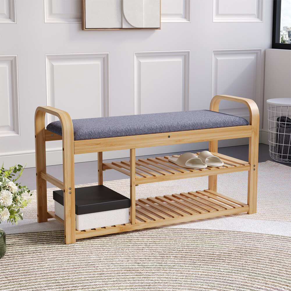 Bamboo Sturdy Shoe Organizer Tiers Shoe Shelf Shoe Rack Bench - Main Image