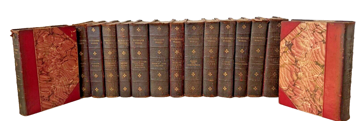 DICKENS' 全１５冊セッ革装丁 チャップマンアンドホール1880年出版 WORKS OF DICKENS 15 Volume 1/2 Leather Set Chapman & Hall 1892